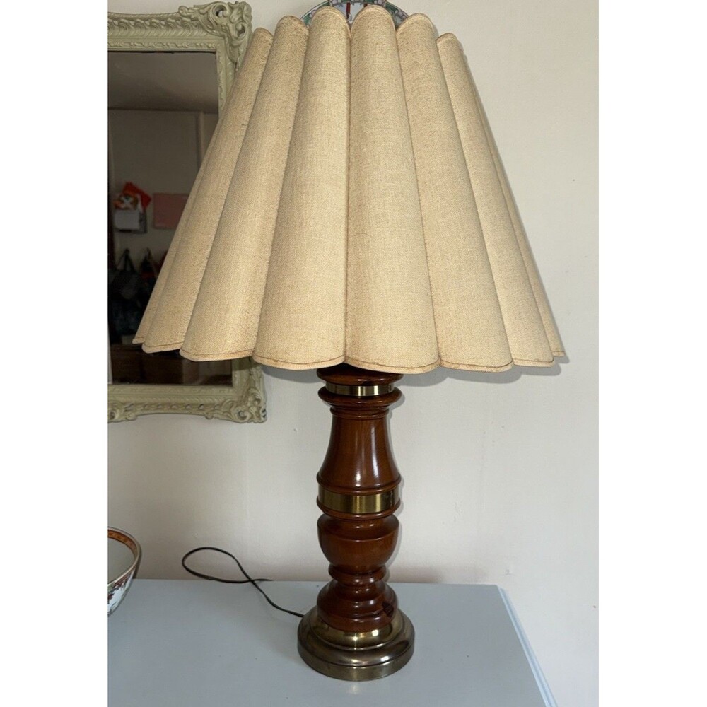 Vintage Turned Wood & Brass Table Lamp Base – Traditional Hollywood Regency